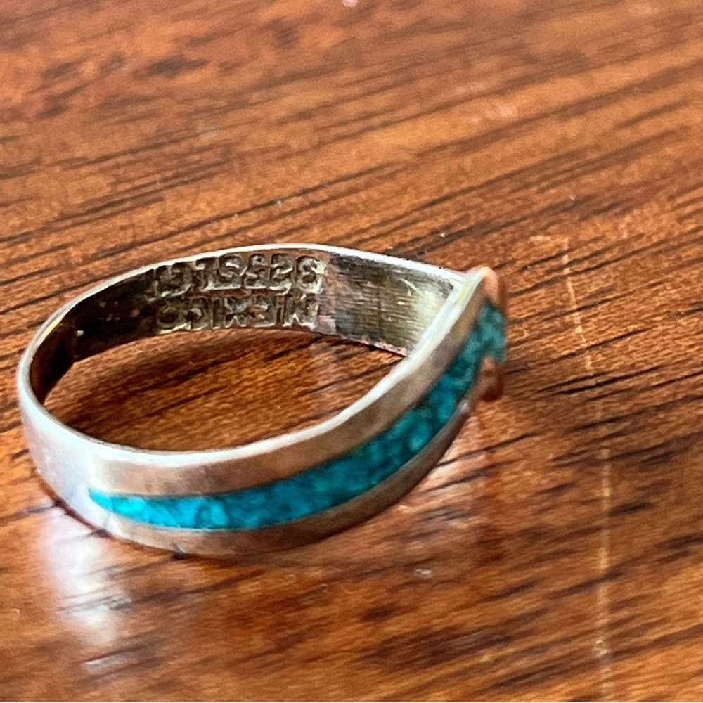 VINTAGE 925 Sterling Mexico TCN-07 and Turquoise Chevron Ring 6.5 - Picture 5 of 8